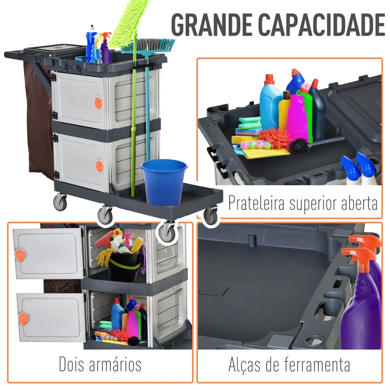 HOMCOM Carrinho de limpeza profissional com saco de lixo com rodas com tampa 131x56x93 cm