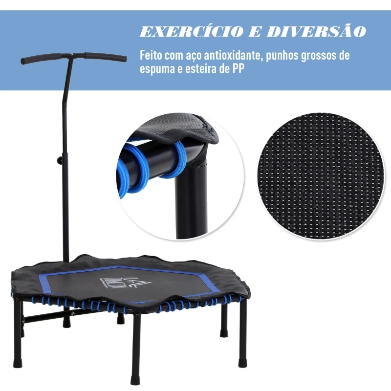 HOMCOM Trampolim Profissional Hexagonal Fitness para Power Jump 122-130-138 cm Guiador Ajustável 3 níveis Azul