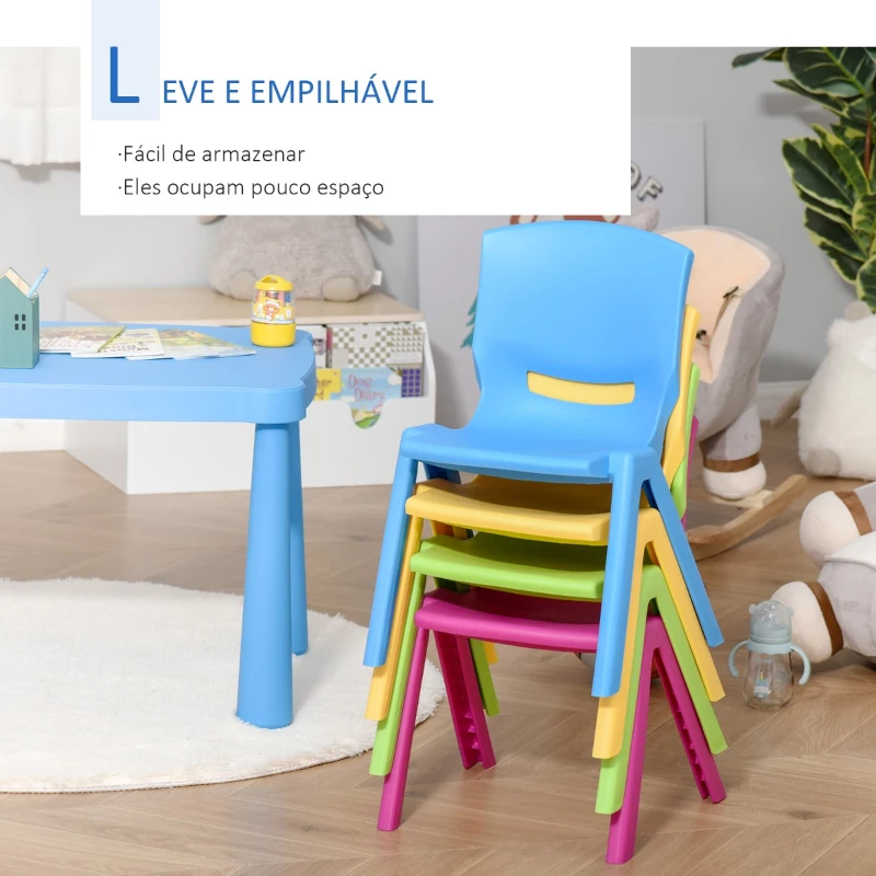 HOMCOM Cadeiras empilháveis ​​para crianças Conjunto de 4 cadeiras de aprendizagem para uso interno e externo 30kg 36x38x56,5 cm Multicolor