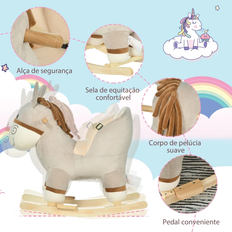 HOMCOM Baloiço Infantil em Forma de Burro para Bebés 18-36 Meses com Som Cinto de Segurança Apoio para os Pés 61x34x58 cm Cinza