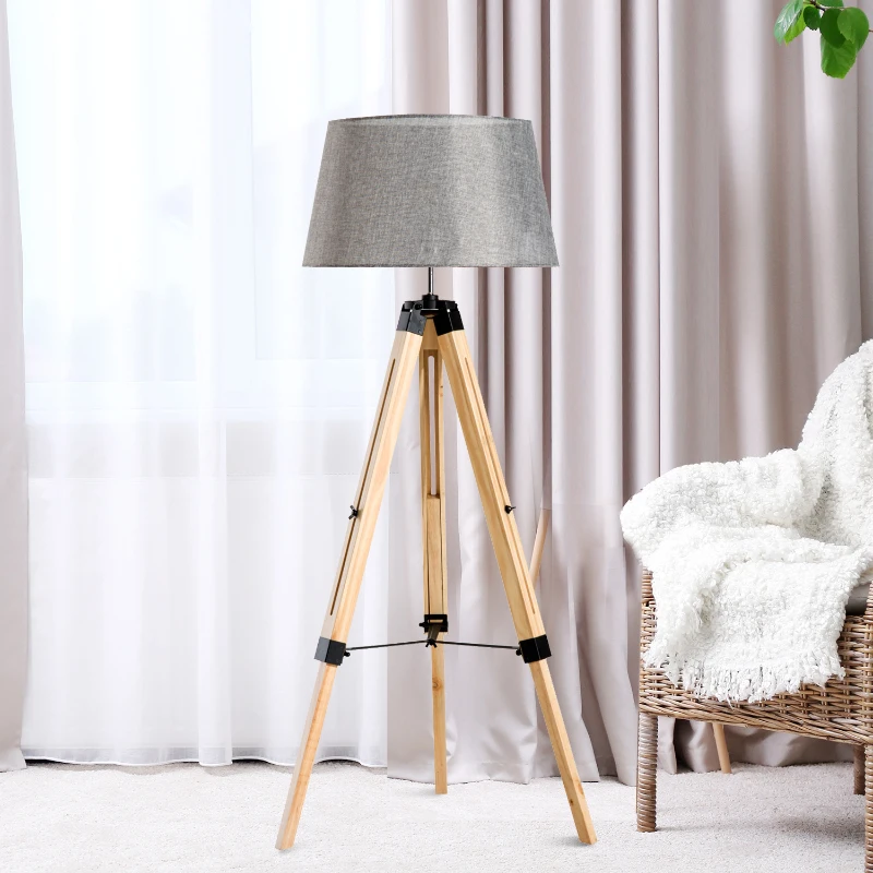Homcom Lâmpada de Pé Iluminação Moderna com Tripé Altura Ajustável 40W E27 Madeira e Ecrã de Tecido de Linho - 65x65x99-143cm