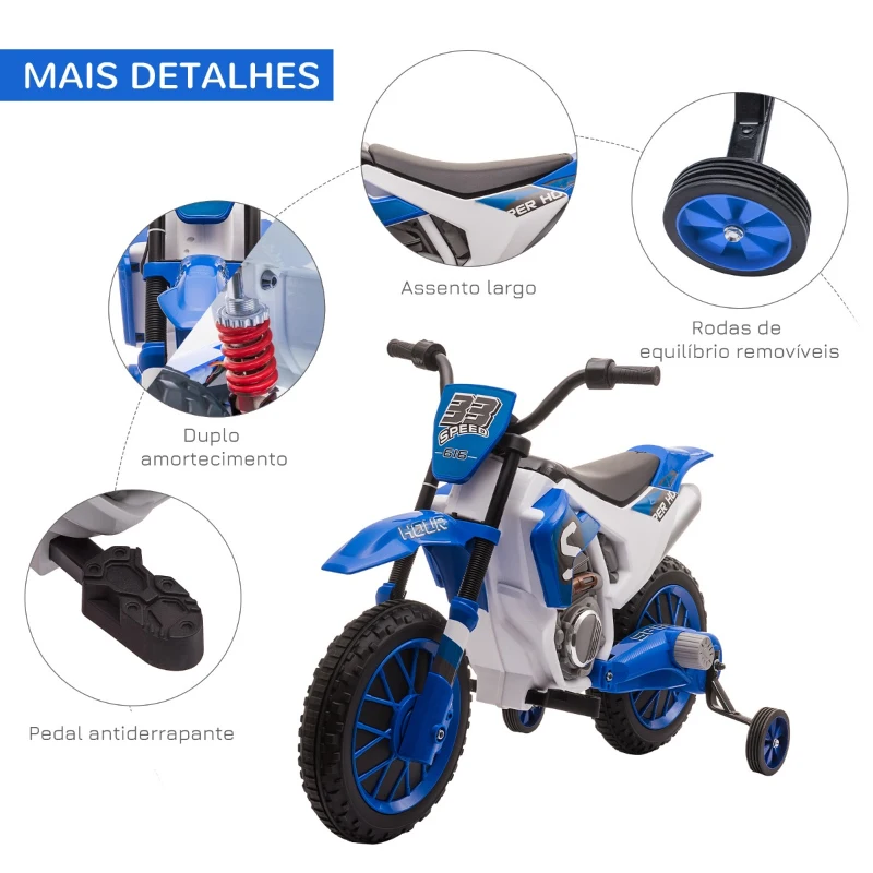 HOMCOM Mota Elétrica para Crianças acima de 3 Anos 12V Mota de Brinquedo Infantil com 2 Rodas de Equilíbrio Velocidade Máx. 8km/h Arranque Suave 106,5x51,5x68cm Azul