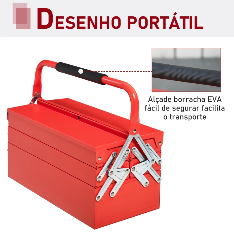 DURHAND Caixa de ferramentas dobrável de aço com 5 compartimentos com alça 45x22,5x34,5 cm Vermelho