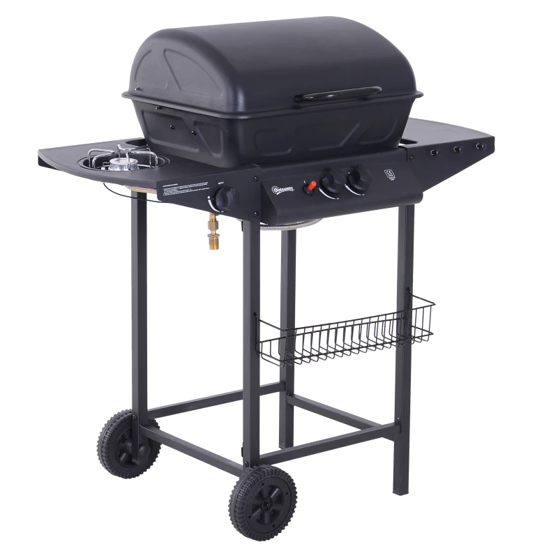 Outsunny Gas BBQ Picnic Camping Grill Churrasco para churrasco Queimador a Gás Exterior com 2 Queimadores Ajustáveis com Mesa Auxiliar e Rodas 5.5KW de Potência