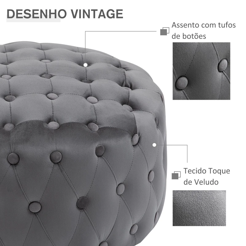 HOMCOM Tamborete estofado em veludo com botões Apoio para os pés acolchoado macio de desenho vintage Φ60x33 cm cinza escuro