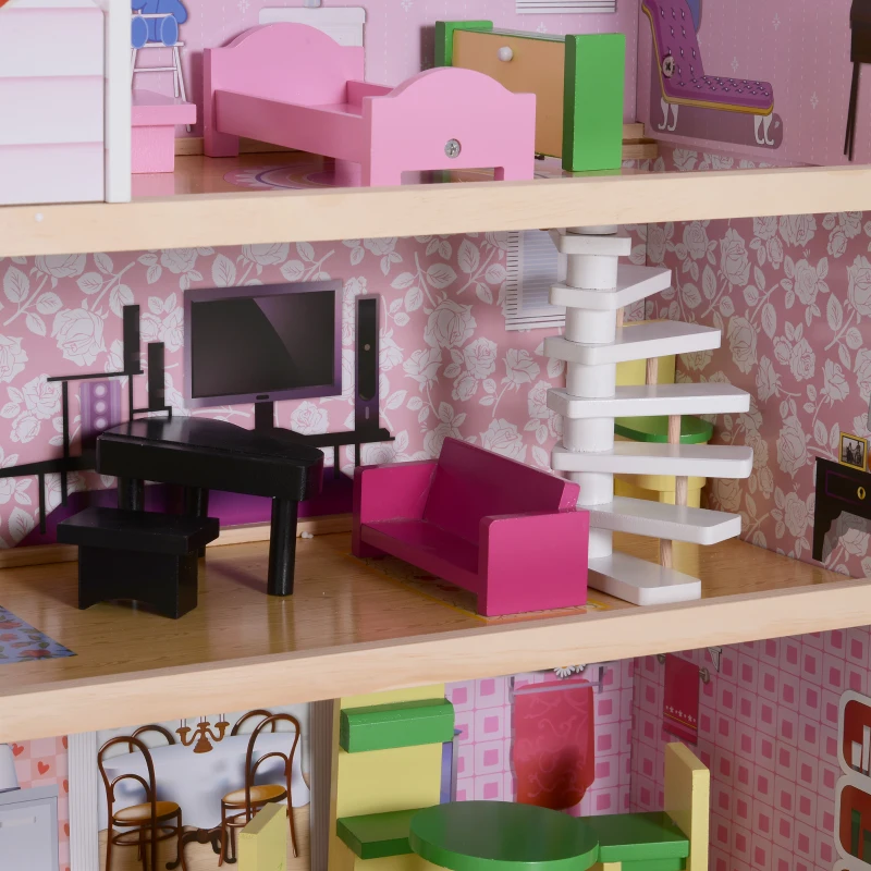HOMCOM Casa de Bonecas com 13 peças Móveis Mobiliário Casita de Bonecas de Brincar Madeira 3 Pisos 60x30x71.5cm