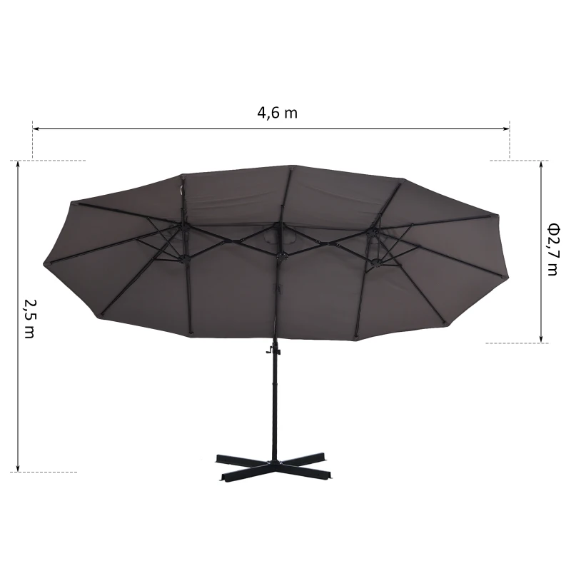 Outsunny Chapéu de Sol Duplo Inclinável para Jardim Terraço Chapéu de Sol Excêntrico à Manivela com 12 Hastes de Aço 270x440x250cm Cinza