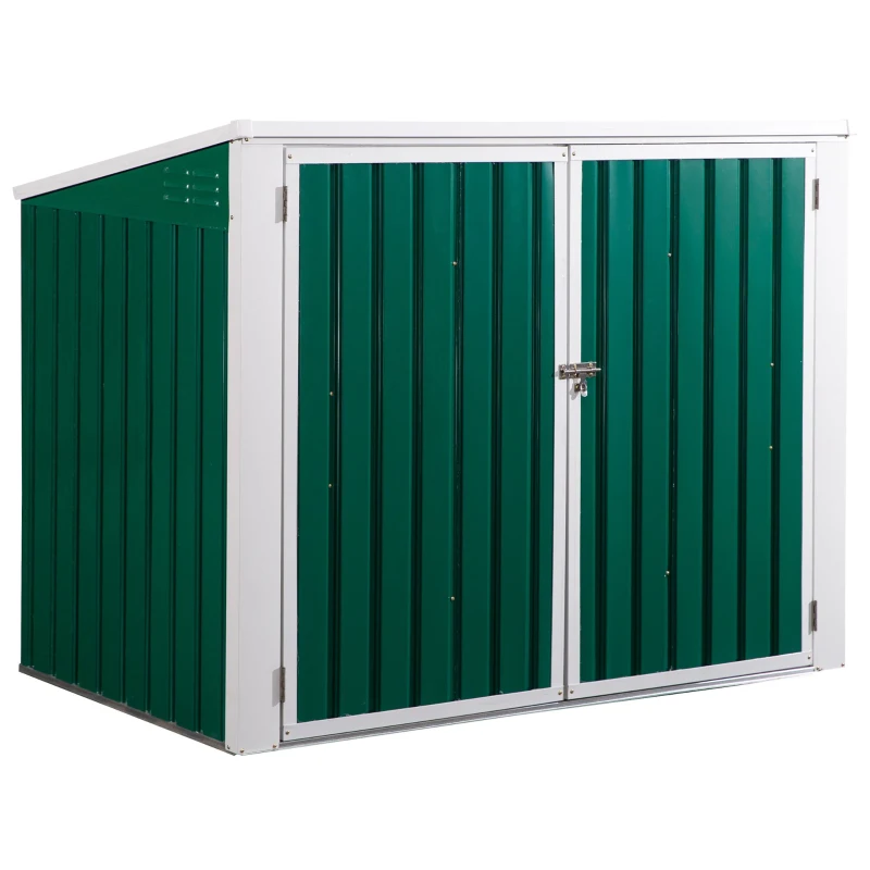 Outsunny Galpão de jardim para 2 contêineres de lixo Casa de ferramentas com tampa de elevador pneumático de aço 173x100x134 / 114 cm Verde