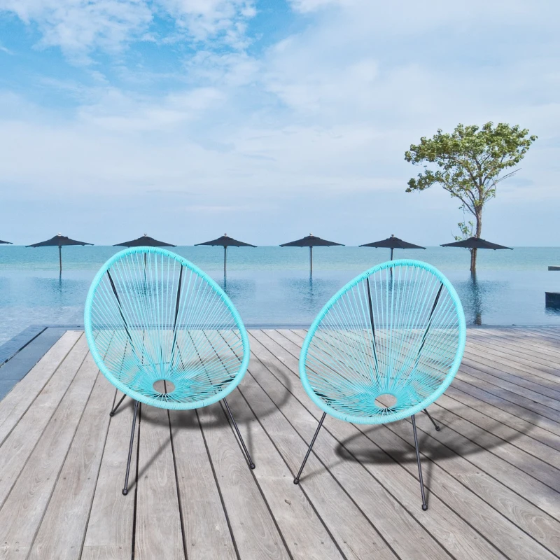 Outsunny Conjunto de 2 Cadeiras de Jardim Acapulco de Vime Forma Oval com Encosto Alto para Interior Exterior 73x77x87 cm Turquesa