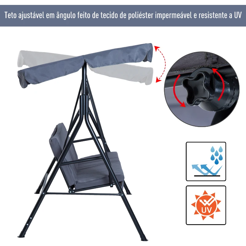 Outsunny Baloiço de Jardim de 3 Lugares Baloiço com Teto Ajustável em Ângulo para Terraço Balcão Carga Máxima 200kg Aço 172x110x153cm Cinza