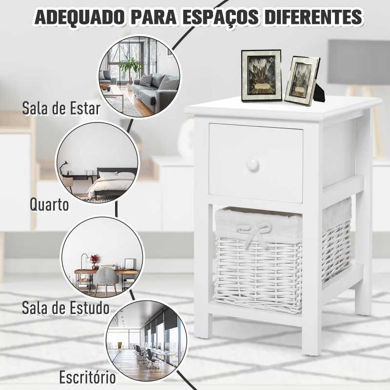 HOMCOM 2 mesas de cabeceira com 1 gaveta e 1 cesto 28x31x45cm Branco