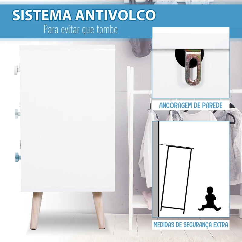 HOMCOM Cómoda infantil com 3 gavetas Cómoda com pernas para roupas ou brinquedos cor Azul
