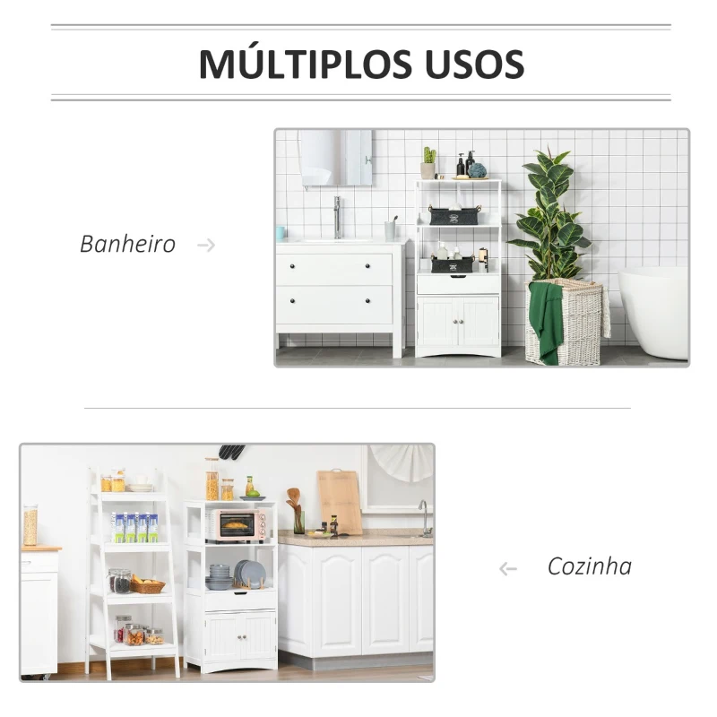 Kleankin Armário para Banheiro com 3 Prateleiras Gaveta e 2 Portas Móvel de Armazenamento para Cozinha, Sala de estar Dormitório 60x33x122,5cm Branco