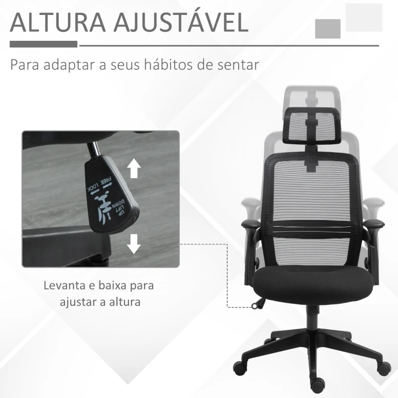 Vinsetto Cadeira de Escritório Ergonômica Cadeira de Escritório Giratória com Altura Ajustável Apoio para a Cabeça Suporte Lombar Reguláveis e Encosto Transpirável 63,5x64,5x113-122cm Preto