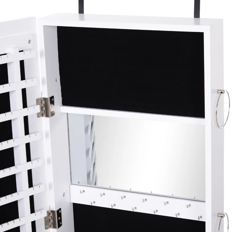 HOMCOM Espelho com Móvel de Bijuterias de Parede ou Porta Armário Porta Jóias com Altura Ajustável 2 Prateleiras Fechadas com Portas e Organizador de Jóias 35,5x9,5x102cm Branco