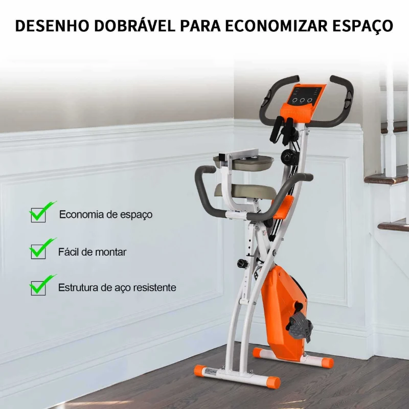 HOMCOM Bicicleta Estática Dobrável com Altura e Resistência Ajustáveis com Tela LCD e Assento com Encosto 51x97x115cm Laranja