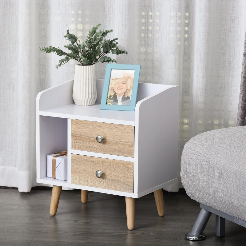 HOMCOM Mesa de Cabeceira com 2 Gavetas Grandes 1 Prateleira Aberta e Pés Elevados Estilo Nórdico 43x30x49 cm Branco e Madeira