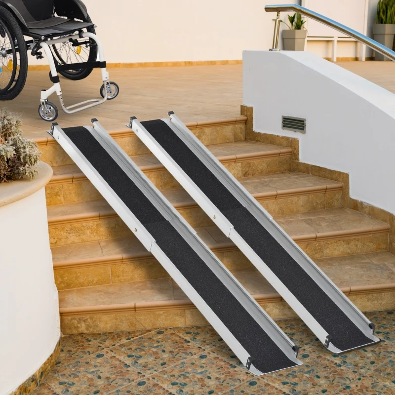 HOMCOM Portátil Rampa de acesso Universal  para Cadeiras de Rodas em Alumínio antiderrapante Rampa com Calha 74-122cm