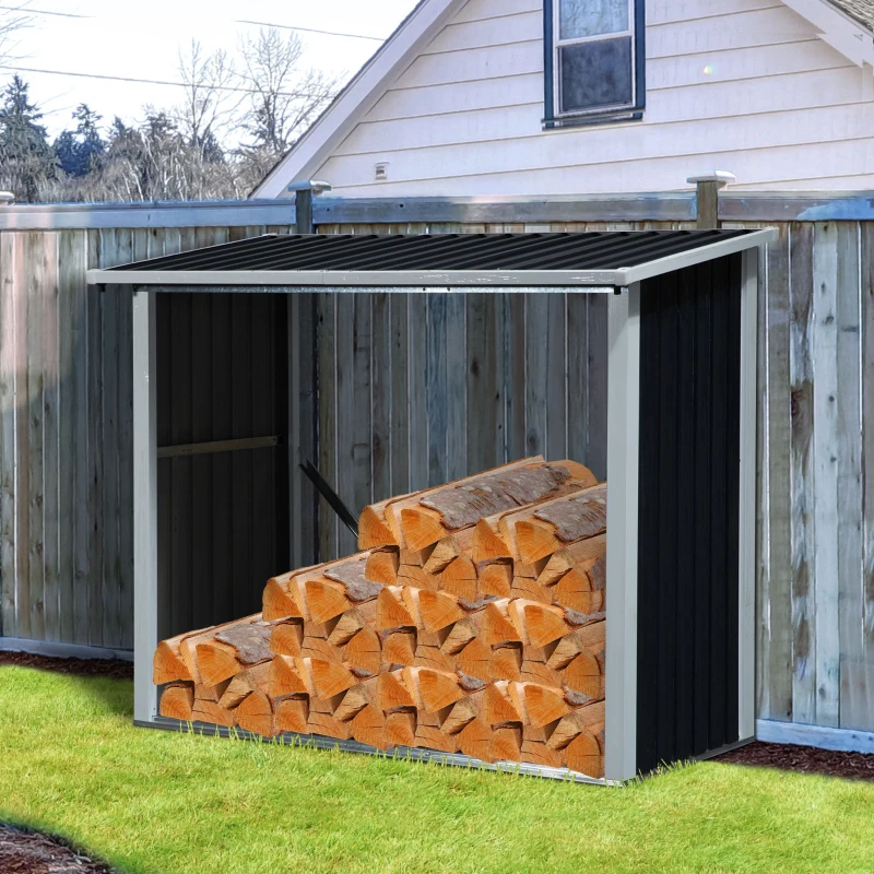 Outsunny Abrigo para Lenha de Aço Galvanizado Abrigo de Armazenamento de Lenhas com Teto Inclinado para Jardim Terraço Exterior 182 x 89 x 136/148cm Cinza