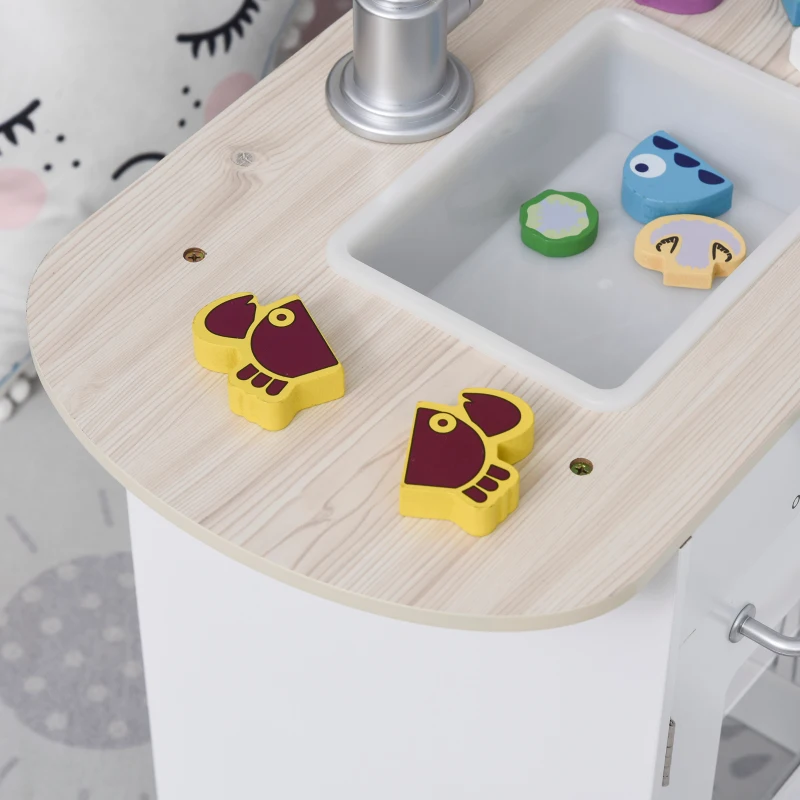 HOMCOM Cozinha de Brinquedo de Madeira para Crianças acima de 3 Anos Cozinha Infantil com Frigorífico Microondas Lavatório e 14 Acessórios 86x64x84,5cm Branco