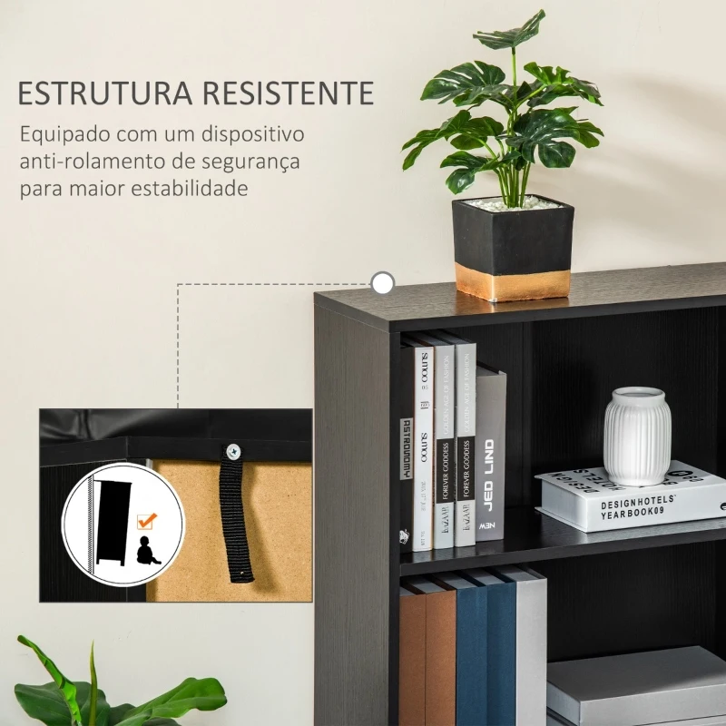HOMCOM Estante para Livros com 3 Compartimentos de Armazenamento Livros Plantas para Sala de Estar Estúdio Dormitório 62,2x24x102,4cm Preto
