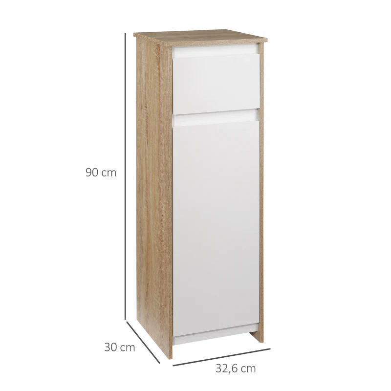 Kleankin Armário Casa de Banho Baixo Armário de Madeira com Gavetas e 2 Prateleiras para Sala de Estar Dormitório Cozinha 32,6x30x90cm Natural e Branco