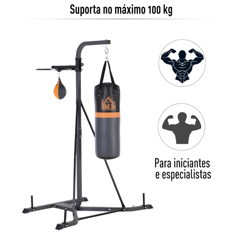 HOMCOM Saco de Boxe Suspenso com Suporte Bola de Velocidade Ajustável em Altura de 167-187cm e Inflador para Treinamento Fitness em Casa Ginásio 115×157×221 cm Preto e Cinza