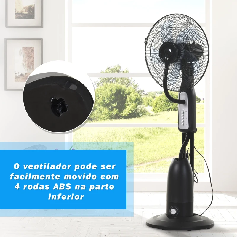 HOMCOM Ventoinha de Pé com Nebulizador Oscilante 3 Velocidades e 5 Lâminas Potência 90W Depósito 2,8L  Ø44,5x120cm Preto