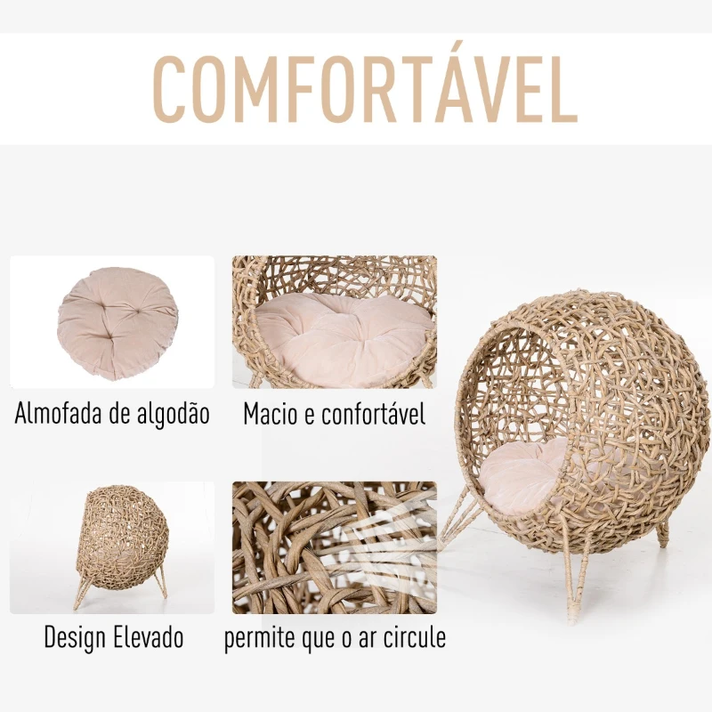 PawHut Cama para Gatos em Vime Sintético com Base de Tripé Almofada com Pelúcia e Algodão Suave Desenho Elevado Ø52x58 cm Madeira