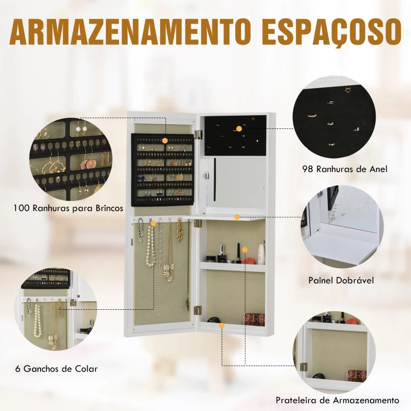 HOMCOM Armário de Jóias com Espelho para Porta ou Parede com Ganchos e ranhuras 35.5x100x9