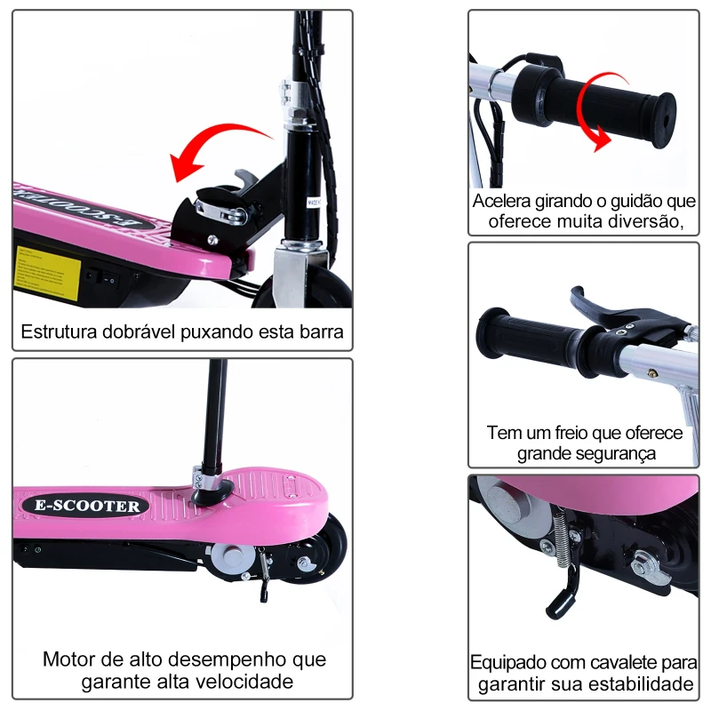 HOMCOM Trotinete Elétrica para Crianças Trotinete Dobrável Bateria 120W Guiador Ajustável Velocidad Máxima de 10km/h e Freio de Pé 78x37x99 cm Rosa