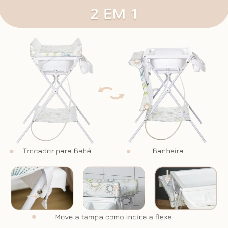 HOMCOM Banheira e Trocador de Fraldas 2 em 1 para Bebés 0-12 Meses Banheira Dobrável com Múltiples Espaços de Armazenamento e Prateleira Inferior Carga máx. 15kg 80x70x95cm Branco