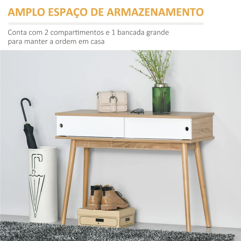 HOMCOM Móvel Entrada tipo Consola com Porta Dupla Corredeira Mesa Auxiliar Moderna para Entrada Corredor Sala de Estar 100x35x75cm Madeira Natural