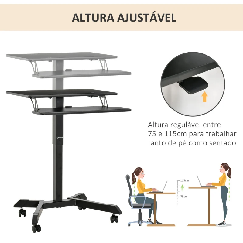 Vinsetto Secretária de Pé Ajustável em Altura 2 em 1 Mesa para Computador Portátil Móvel com 4 Rodas Bandeja para Teclado Estação de Trabalho 65x45x75-115cm Preto
