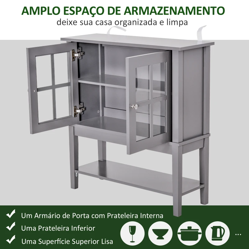 HOMCOM Aparador Vitrina Multifuncional para Entrada Cozinha Salas de Estar Aparador com Prateleiras 2 Portas e Anti-Tombo 80x28x84cm Cinza