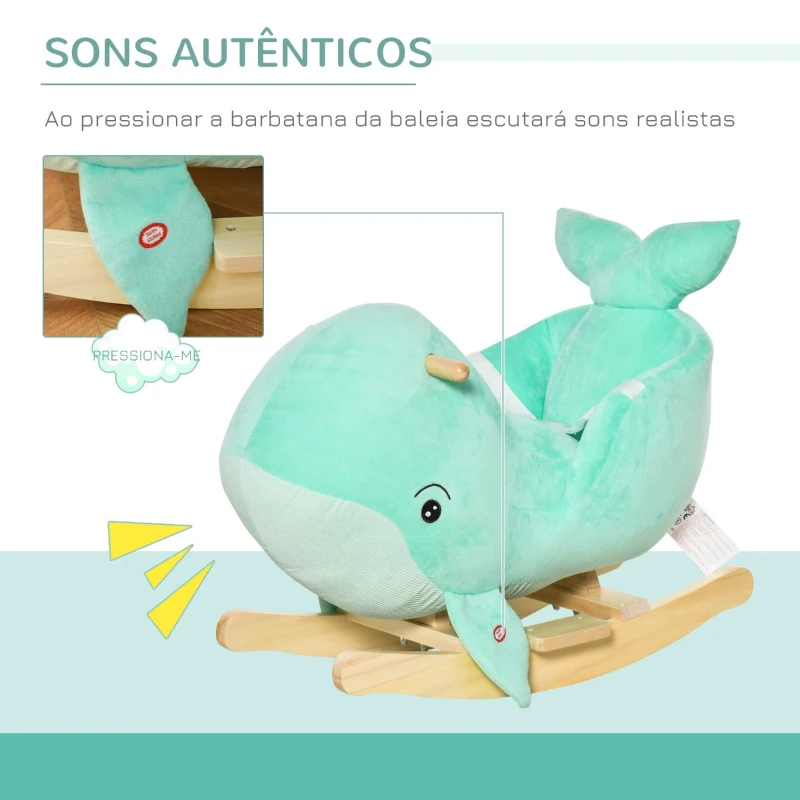 HOMCOM Baloiço com Forma de Baleia para Crianças de 18-36 Meses Baloiço de Pelúcia com Sons Cinto de Segurança e Apoio para os Pés 60x33x50cm Turquesa
