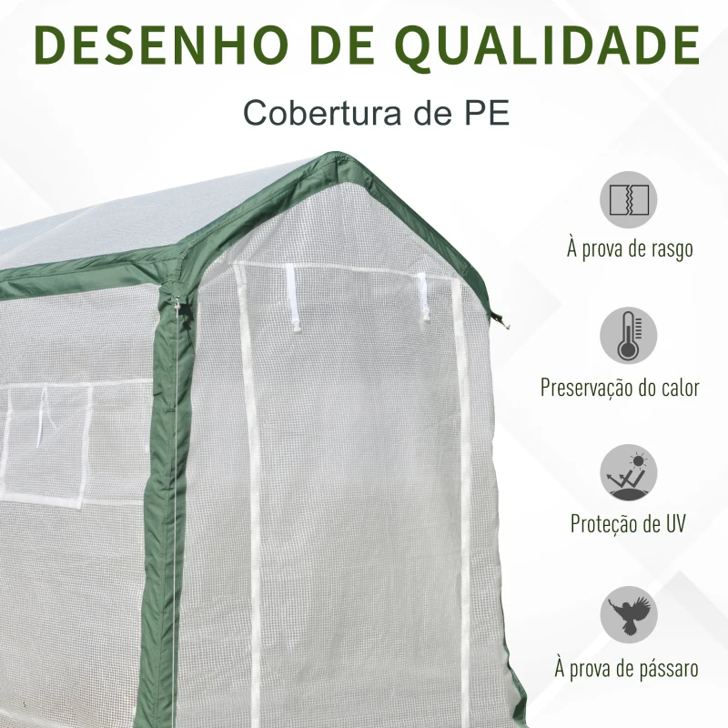 Outsunny Estufa de jardim Túnel com 4 janelas e porta de enrolar Cobertura de PE e estrutura de aço 240x180x200cm branco