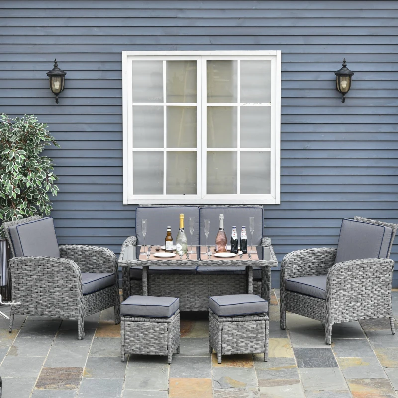 Outsunny Conjunto de móveis de jardim 6 peças de vime com mesa de centro Sofá duplo 2 poltronas individuais 2 bancos com almofadas para varanda Cinza