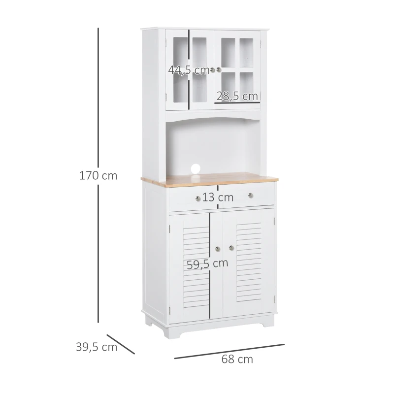 HOMCOM Armário de cozinha  Armário aparador com 2 portas  2 gavetas e prateleira aberta para microondas 68x39,5x170 cm branco
