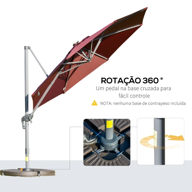 Outsunny Chapéu de Sol Excêntrico Φ300x248cm com Proteção UV 50+ Giratório 360º com Manivela Luzes LED Painel Solar e Teto Reclinável Vinho