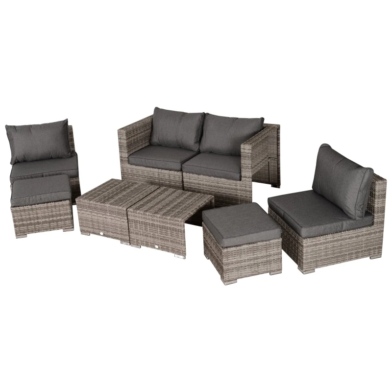 Outsunny Conjunto de Jardim 8 Peças de Vime com 2 Mesas de Centro Poltronas e 2 Apoio para os Pés Marrom e Cinza