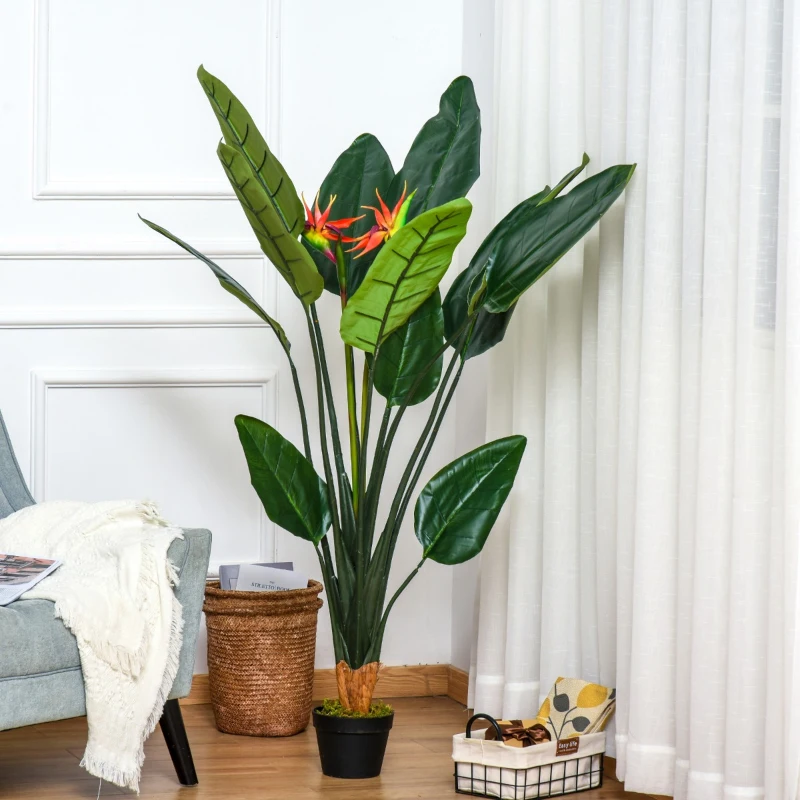 Outsunny Planta Artificial Ave do Paraíso com Vaso Strelitzia Reginae Sintética com 13 Folhas e 2 Flores Ø18x155 cm Verde e Vermelho