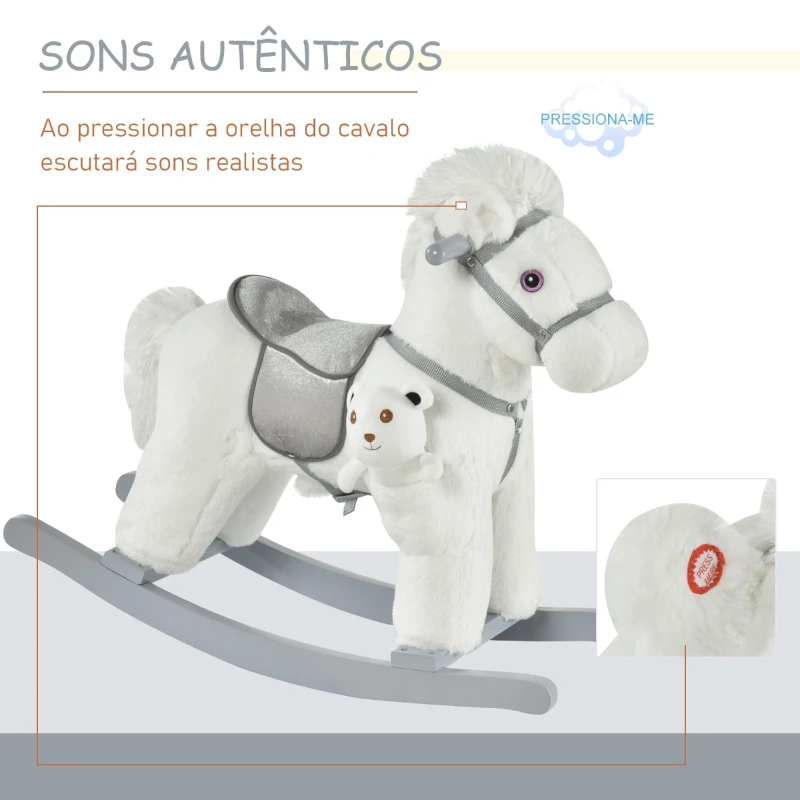 HOMCOM Cavalo Baloiço para Crianças de 18-36 Meses Cavalo de Balançar com Ursinho de Pelúcia Sons de Relinchos e Galopes base de Madeira 65x26x55cm Branco