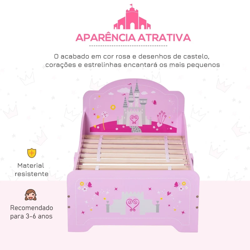 HOMCOM Cama Infantil acima de 3 Anos Cama para Crianças de Madeira com Barreira de Proteção Carga Máx. 50kg 143x73x60cm Rosa