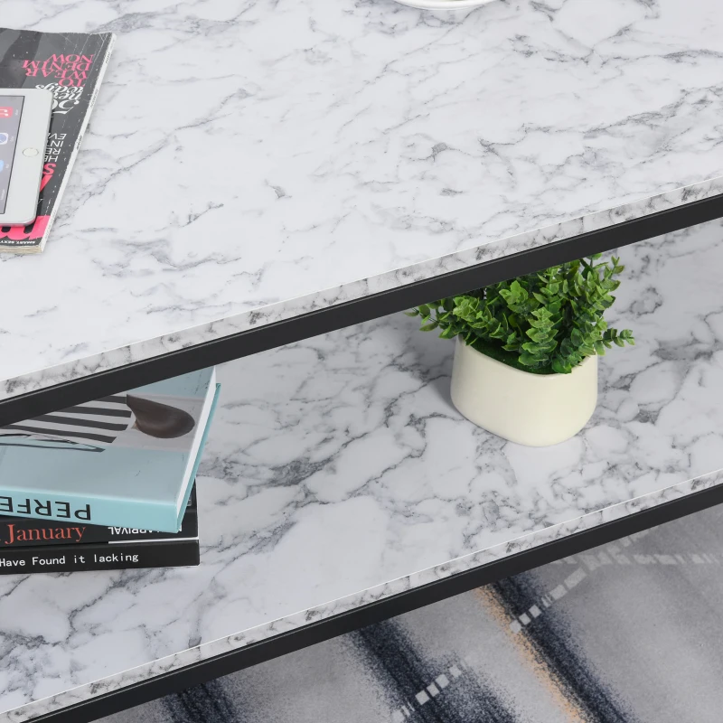 HOMCOM Mesa de Centro com Prateleira Mesa de Café Minimalista Imitação de Mármore Estrutura de Metal 106x50x47cm Branco e Preto