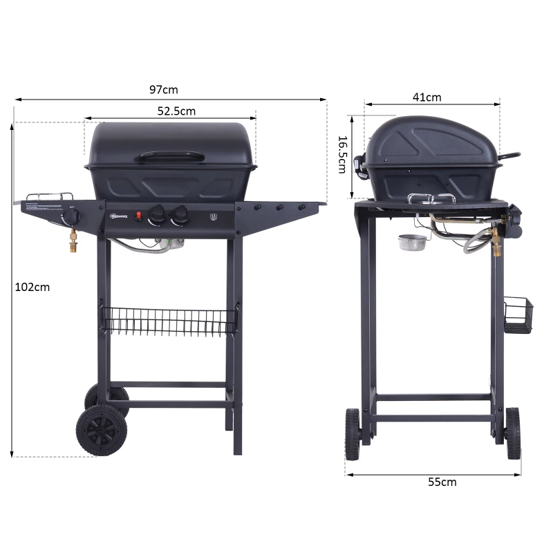 Outsunny Gas BBQ Picnic Camping Grill Churrasco para churrasco Queimador a Gás Exterior com 2 Queimadores Ajustáveis com Mesa Auxiliar e Rodas 5.5KW de Potência