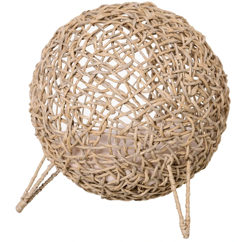 PawHut Cama para Gatos em Vime Sintético com Base de Tripé Almofada com Pelúcia e Algodão Suave Desenho Elevado Ø52x58 cm Madeira