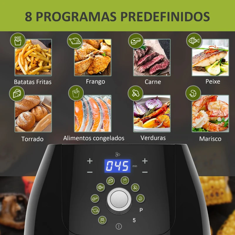 HOMCOM Fritadeira sem Óleo 5,5L Fritadeira de Ar 17000W com Tela Tátil 8 Programas Temporizador Temperatura Ajustável e Desligamento Automático 41x33x37cm Preto