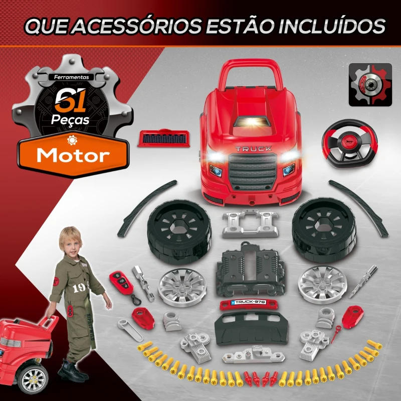 HOMCOM Motor de Caminhão para Crianças acima de 3 Anos Conjunto de Motor de Brinquedo com 61 Peças Volante Buzina Faróis Caixa de Armazenamento e Rodas 40x39x47cm Vermelho