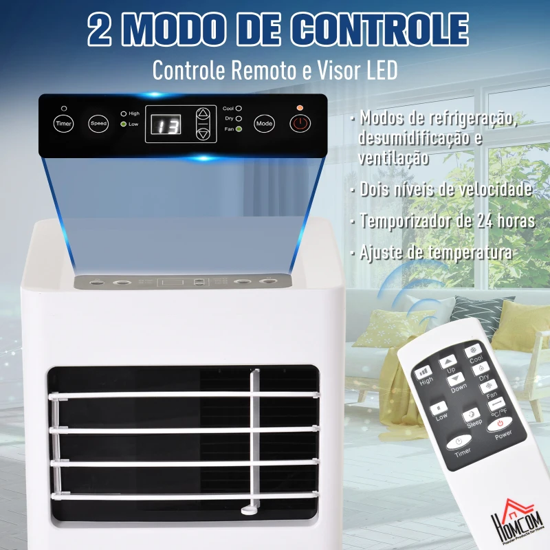 HOMCOM Ar Condicionado Portátil 7000BTU 3 em 1 Refrigerador Desumidificador e Ventoinha com Temporizador LED e Controlo Remoto Silencioso 30,5x32,8x67,8 cm Branco
